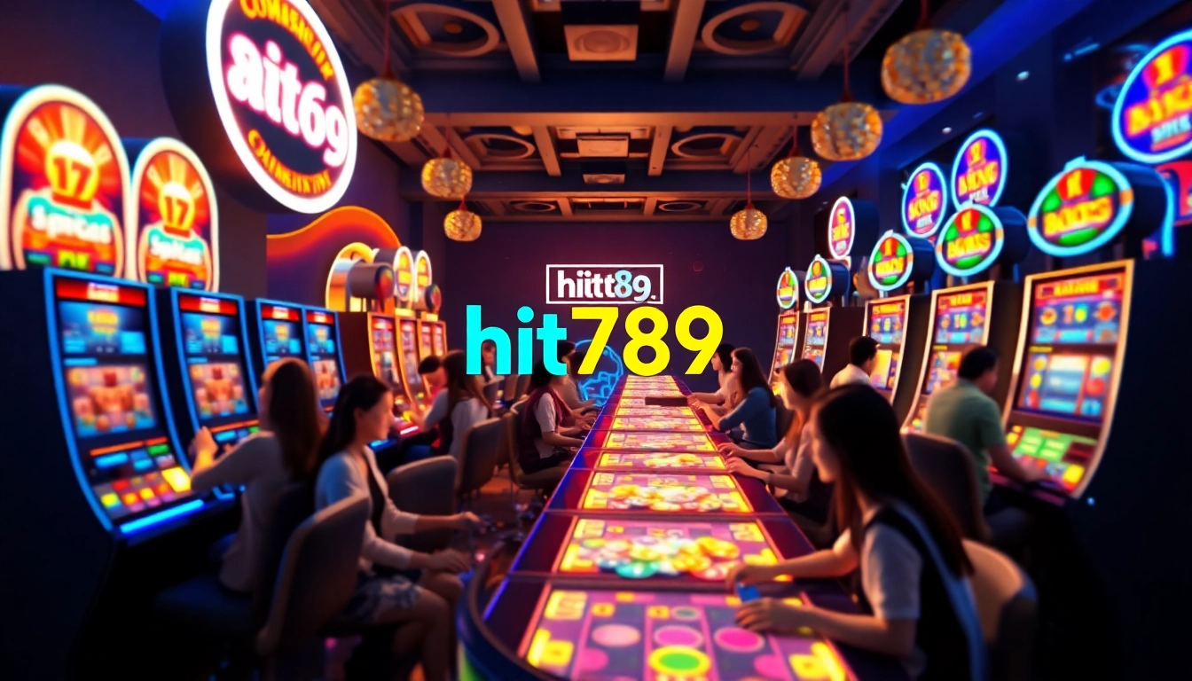 Experience the excitement of gaming at hit789 with vibrant visuals of players at colorful digital casino tables.