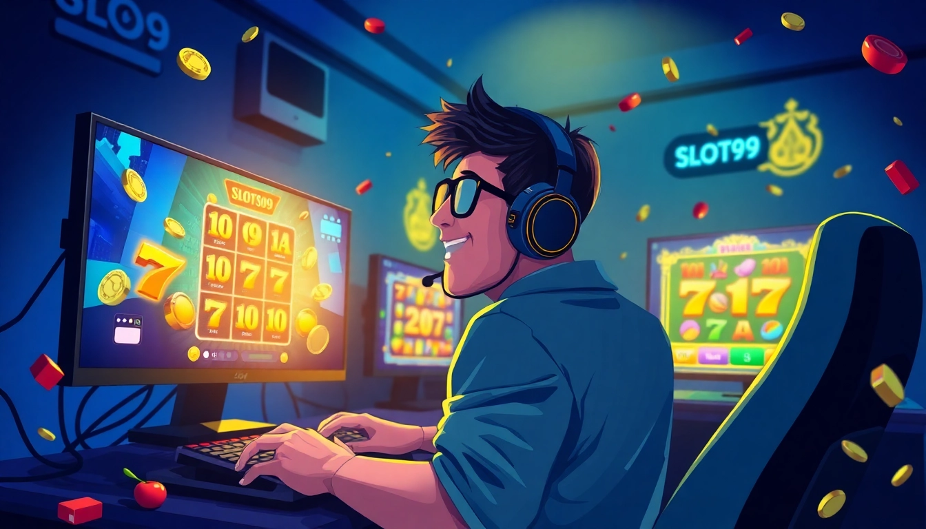 Experience thrilling gameplay at Slot99 with an excited player immersed in vibrant gaming graphics.