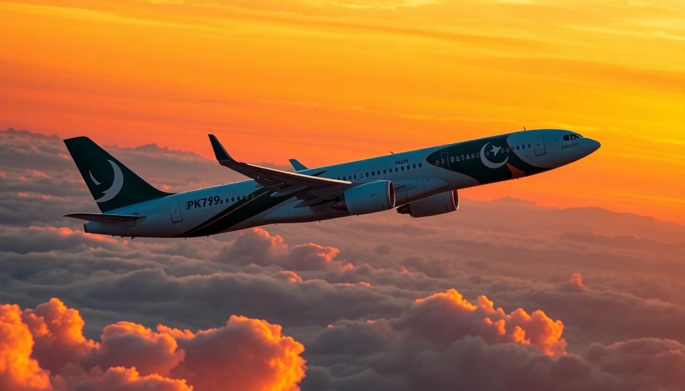 Captivating view of flight PK789, a Pakistan International Airlines aircraft soaring through a stunning sunset.