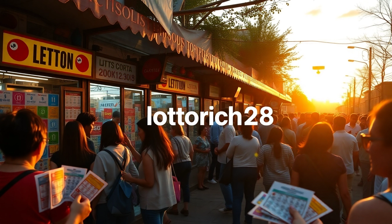 Vivid marketplace with lottery players excited about lottorich28 tickets.