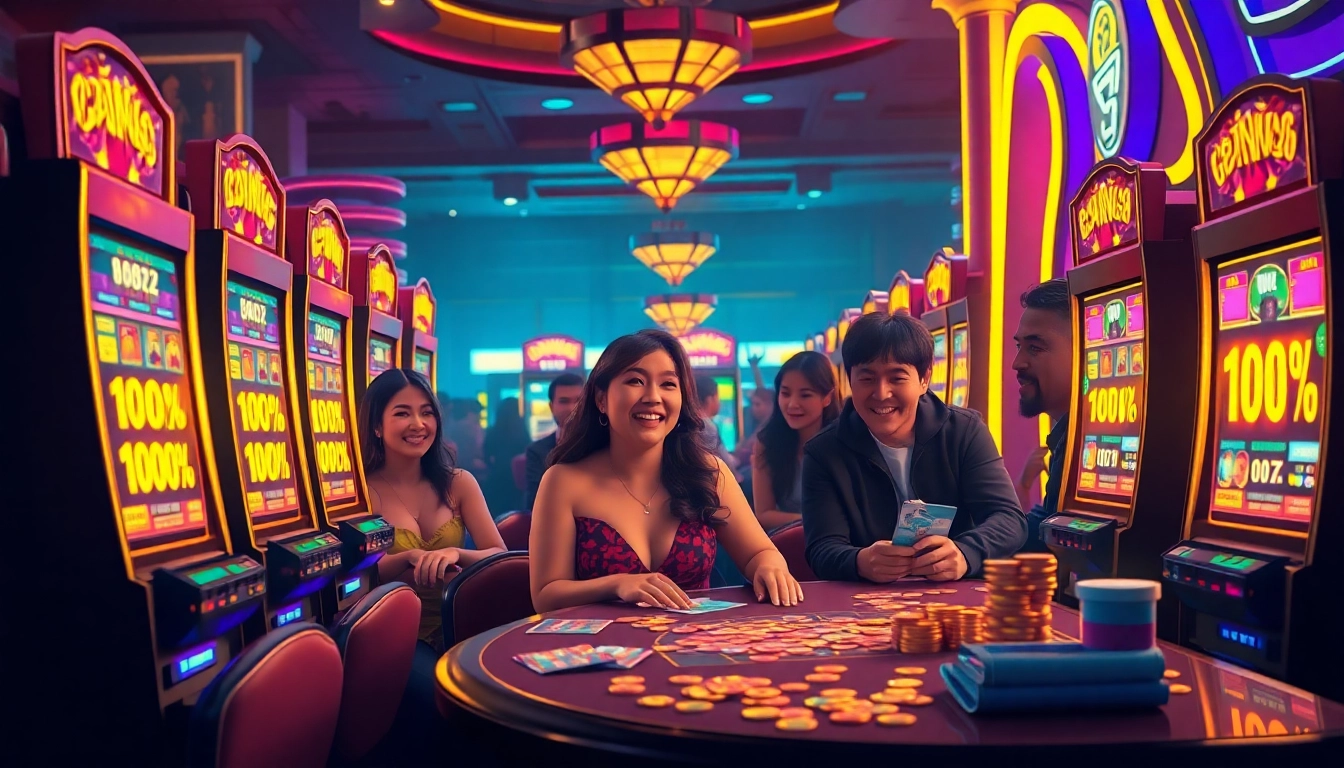 Players experiencing the thrill of สล็อตเว็บตรง100% in a vibrant casino atmosphere with neon lights and joyful expressions.