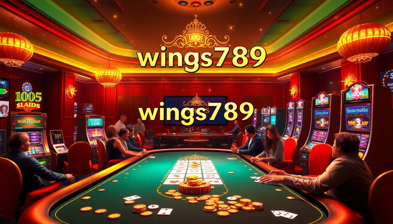 Experience the excitement of wings789 at a vibrant casino table surrounded by players in a thrilling gaming environment.