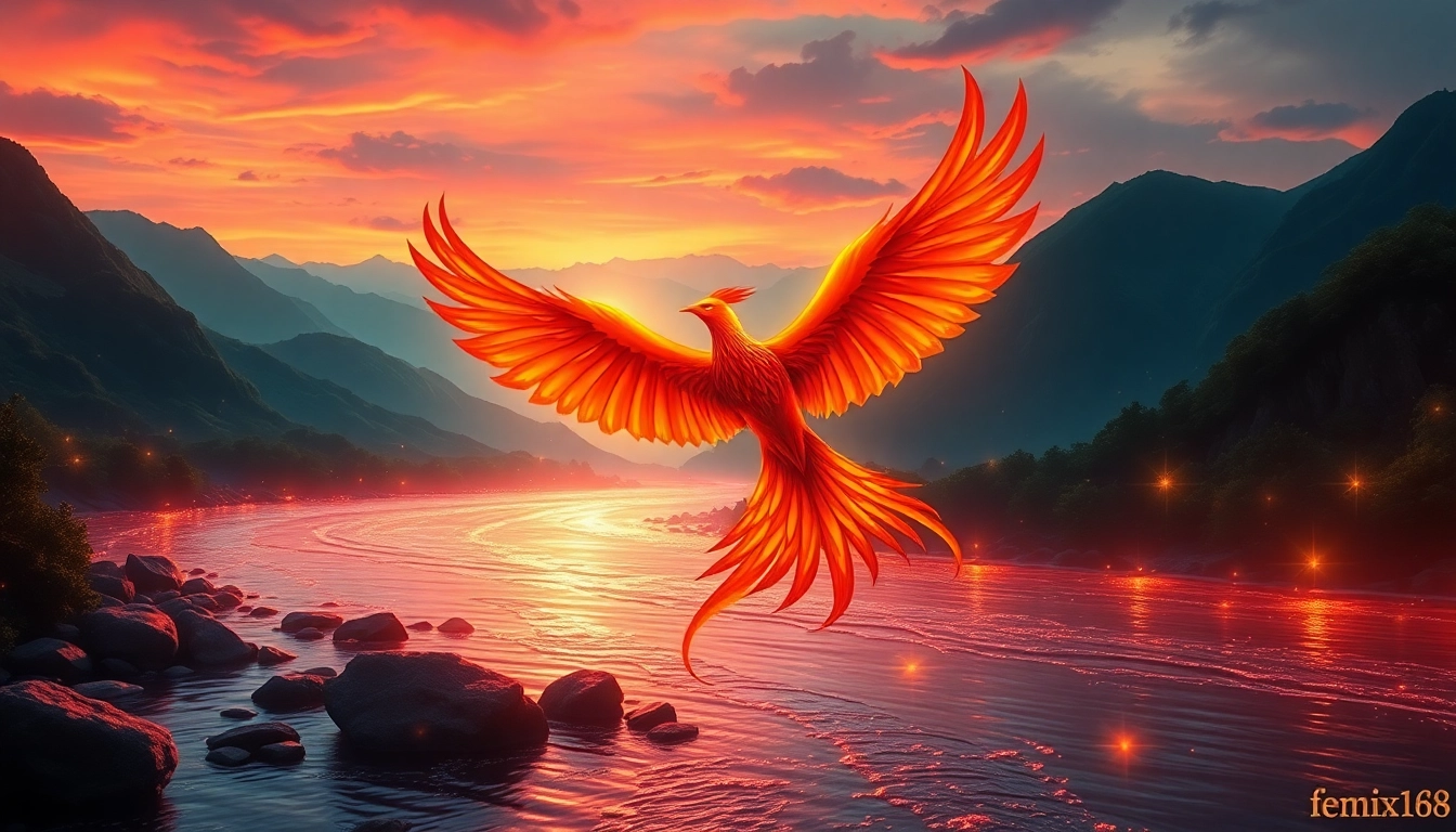 Experience the vibrant phoenix soaring above a serene river in the magical world of fenix168.