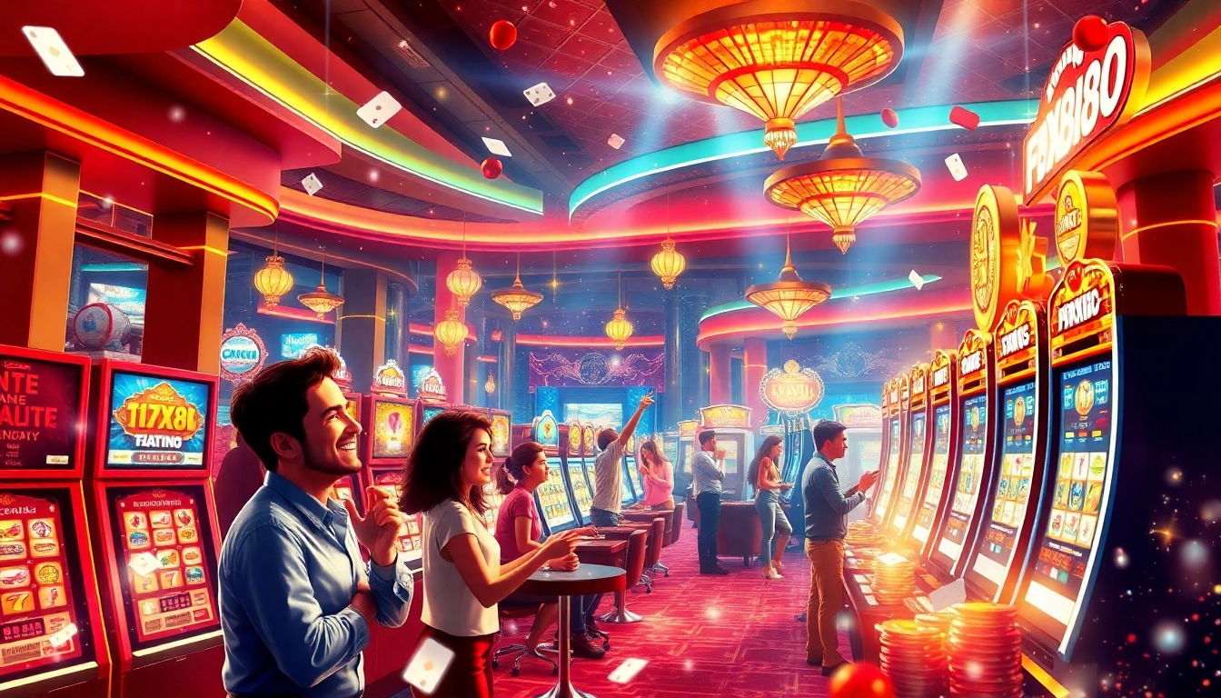 Experience the thrill of fox888 with vibrant casino scenes featuring joyful players and dynamic gaming elements.