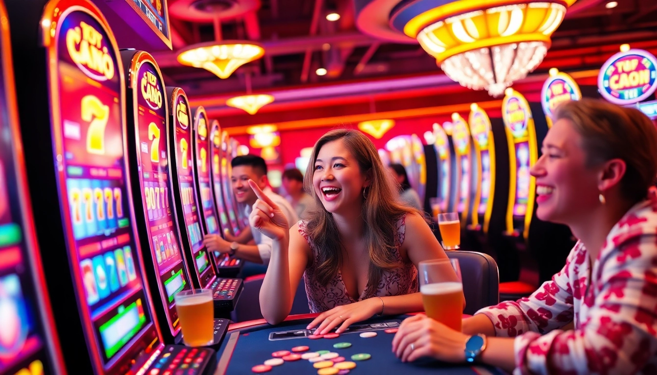 Experience thrilling ทดลองเล่นสล็อต with friends in a lively casino atmosphere featuring bright slot machines and cheerful players.