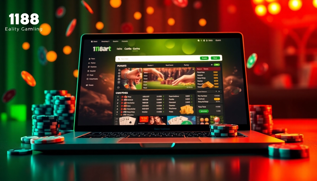 Engage with 188ベット by exploring thrilling online betting experiences on a modern laptop surrounded by vibrant casino elements.