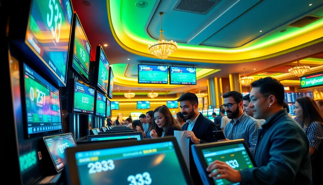 Excited players engaging with pg333 sports betting devices in a luxurious casino.