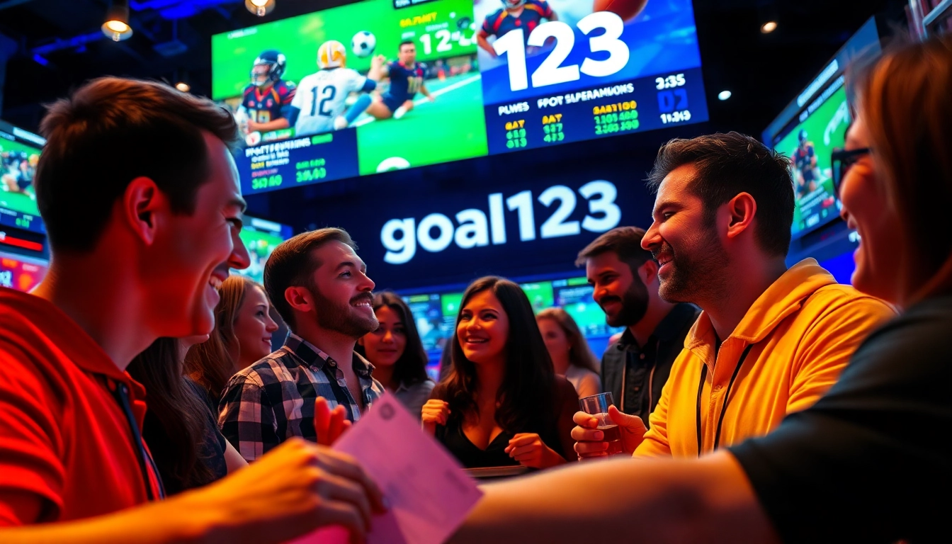Experience the thrill of goal123 sports betting with engaged bettors in a vibrant sportsbook atmosphere.