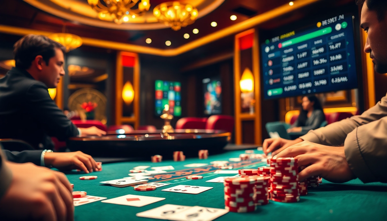 Engaged players at a poker table in a vibrant casino, showcasing the excitement of gambling at https://bet88nn.com/.