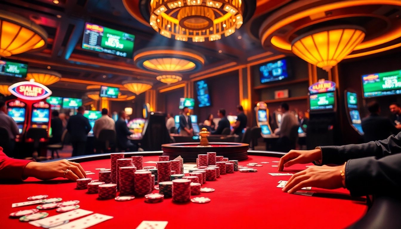 Thrilling poker game at a casino showcasing https://thabetcom.dev/ with vibrant chips and players in action.