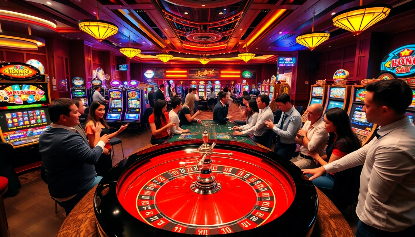 Enthusiastic players gather around the roulette table in a vibrant casino scene, featuring the rr88 link for exciting bonuses.
