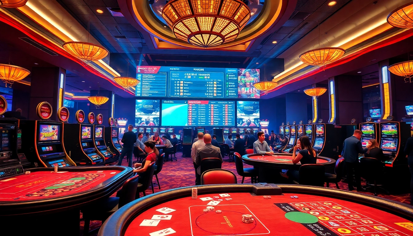 Kèo nhà cái updates illuminate the vibrant casino scene filled with excited players, cards, and chips.