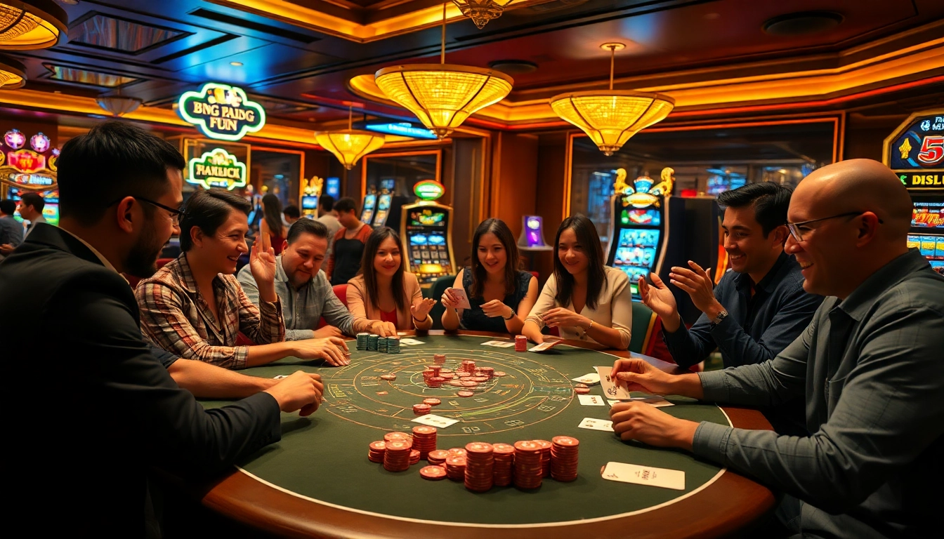 Experience 'bong da lu fun' as players engage in thrilling casino games with vibrant poker chips and intense strategies.