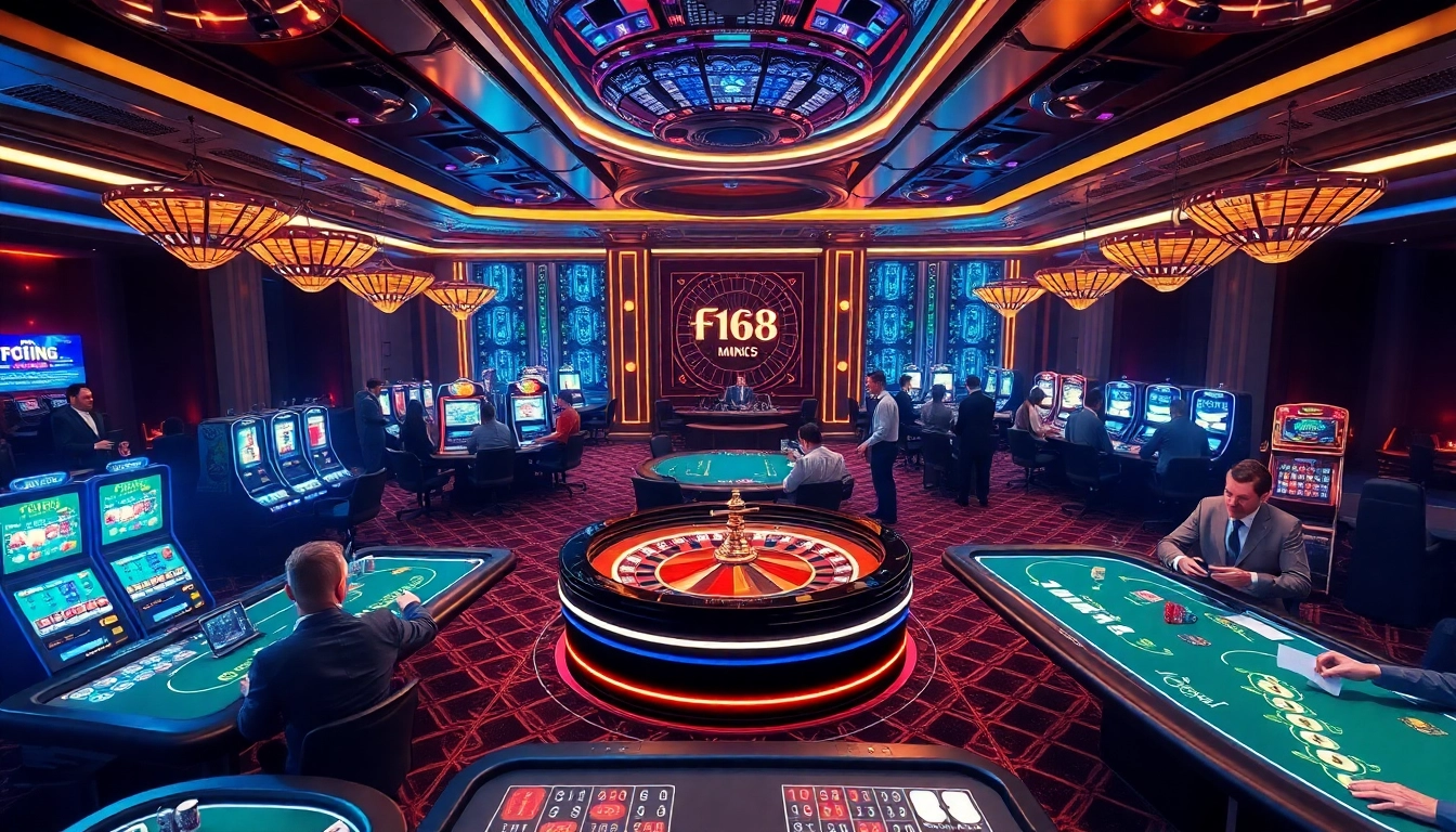 Exciting gambling action at thương hiệu F168 casino with vibrant slot machines and poker tables.