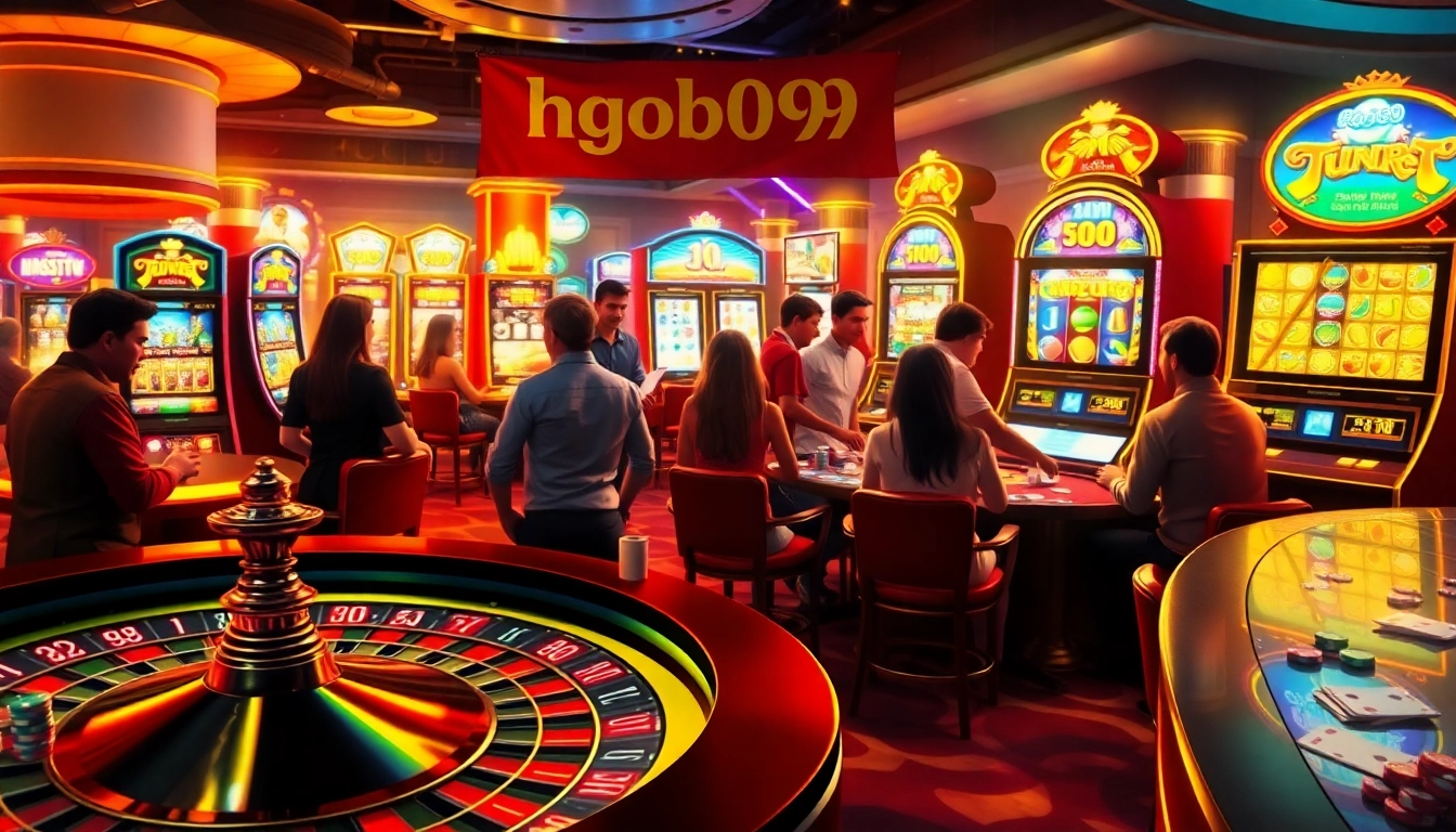 Players enjoying an exhilarating moment at the HGO909 casino, engaging with slot machines and poker tables in a vibrant atmosphere.
