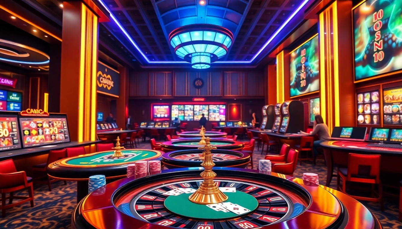 Experience the thrill of 68 game bài đổi thưởng at a virtual casino, showcasing vibrant tables and engaging players.