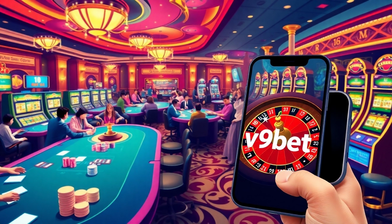 Capture the excitement of online gambling with 'tải app v9bet' prominently featuring casino tables, poker chips, and joyful players in a bustling setting.