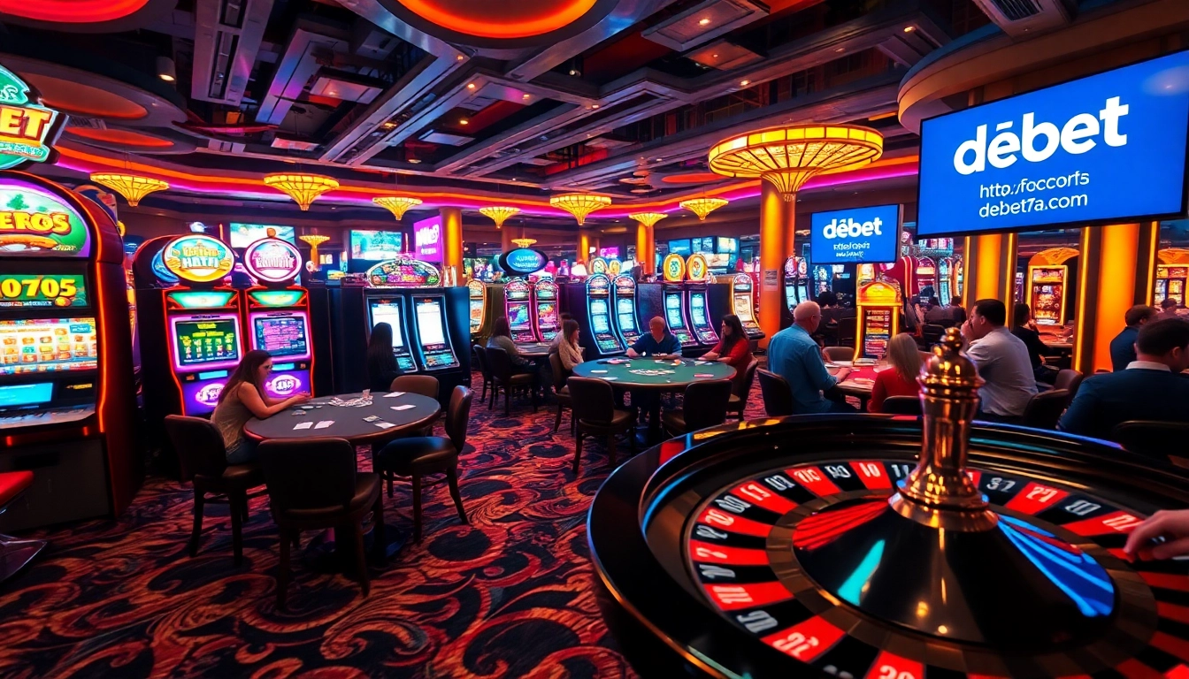 Players enjoying games at a vibrant casino, featuring https://debet7a.com/ prominently amidst lively slot machines and poker tables.