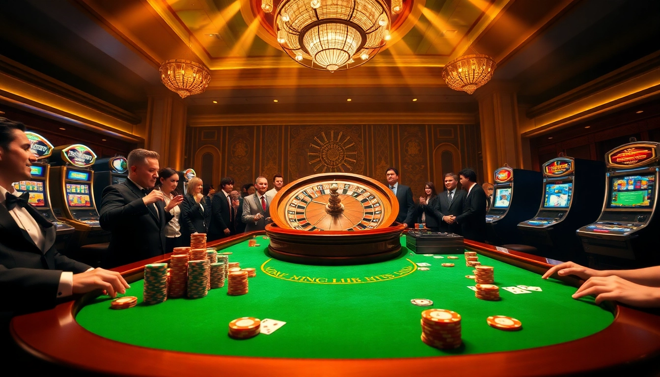 Exciting scene at a casino featuring the rr88 link for vibrant gameplay, roulette wheels, and poker chips.