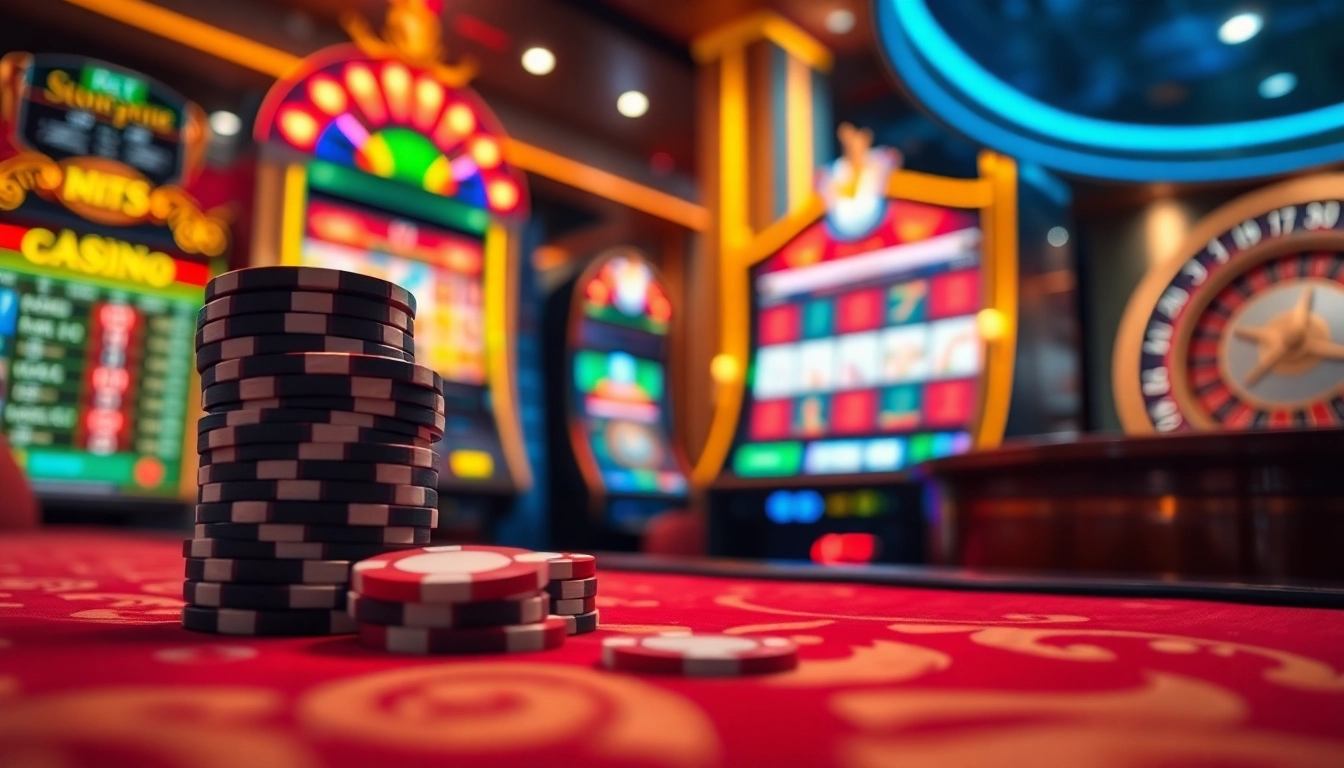 Experience the thrill of online gambling at https://shbet.cruises/, showcasing vibrant slot machines and poker chips.