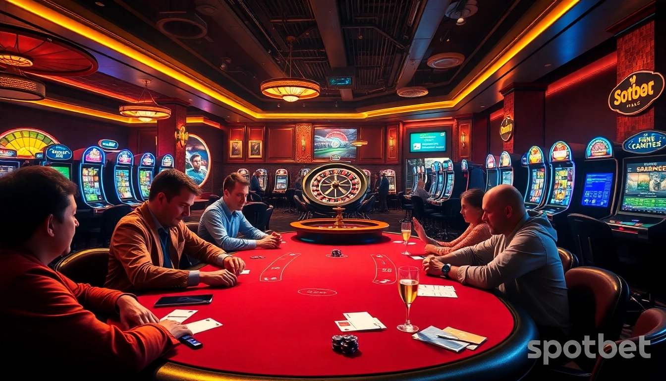 Spotbet poker table scene displaying high-stakes excitement with players and chips.