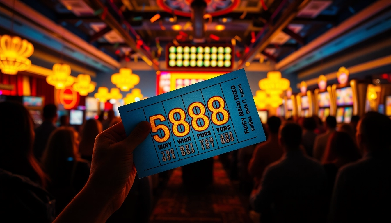 Excited players celebrate a big win with a vibrant lottery ticket in a bustling casino.