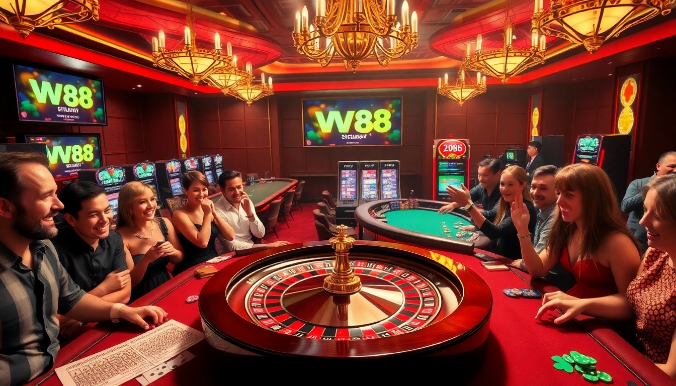 WW88 casino scene with players at poker tables and excitement around a roulette wheel.