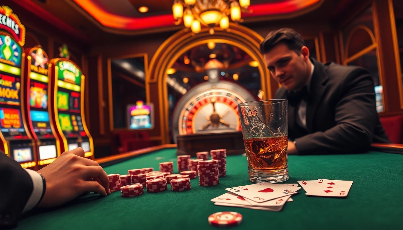 Explore the thrilling atmosphere of a casino with exciting games at https://shbets.net/, featuring a vibrant poker table and roulette wheel.