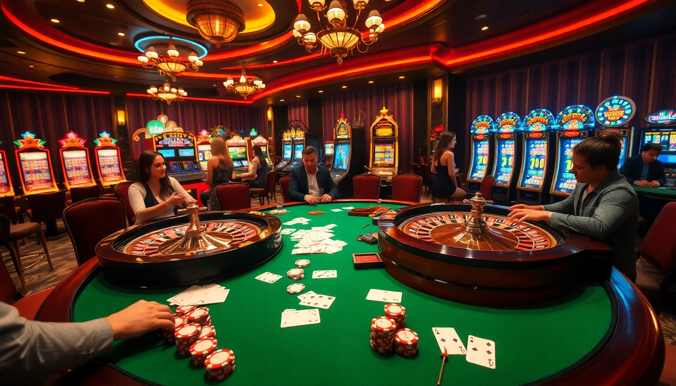 Casino scene showcasing players at roulette tables and slot machines, emphasizing deneme bonusu veren siteler with vibrant colors and rich casino atmosphere.