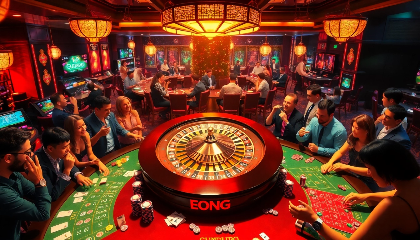 Experience the thrill of "bong da lu fun" at a lively casino with players enjoying games like roulette and poker.