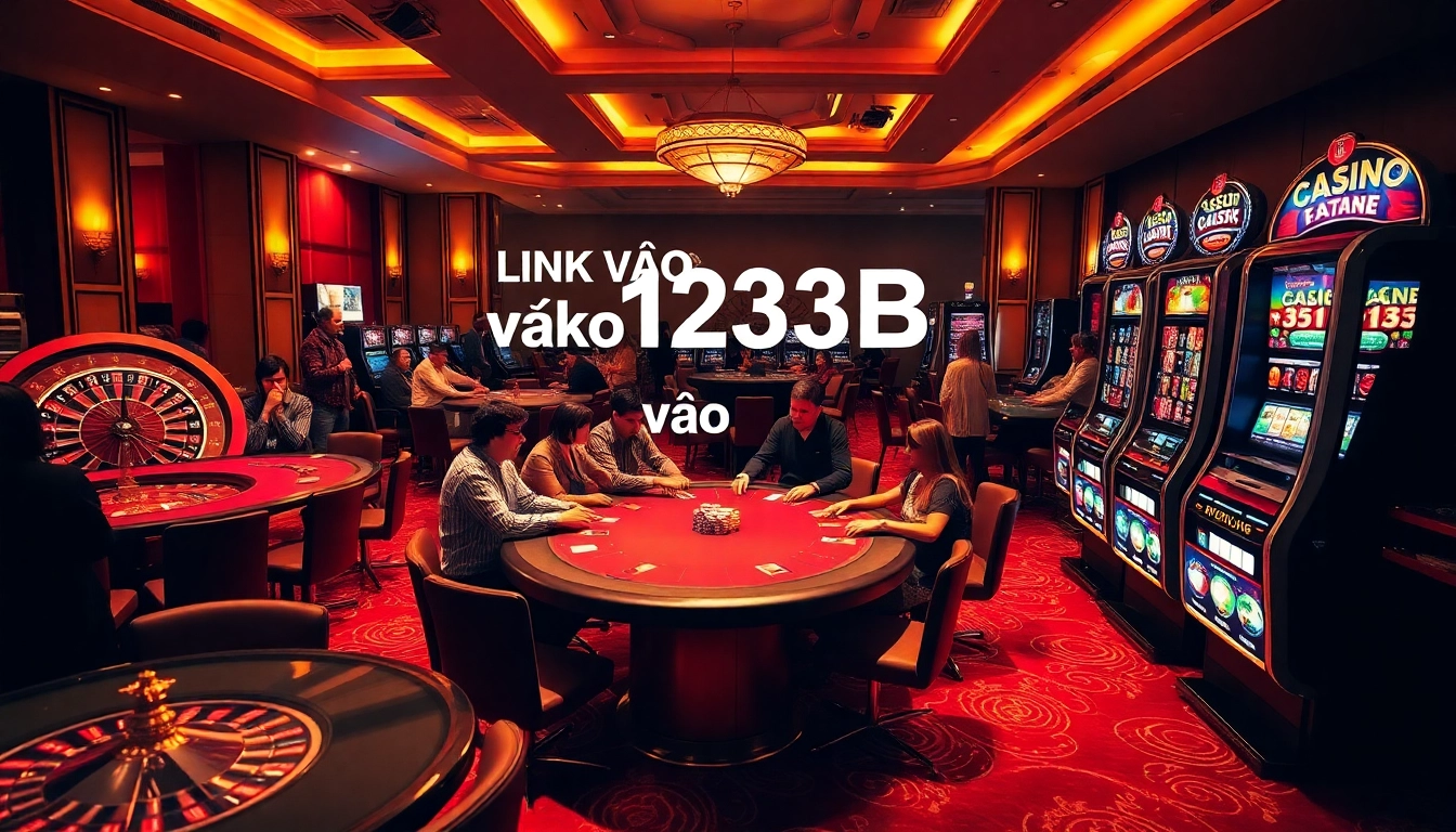 Experience the thrill of live gambling with the vibrant Link vào 123B casino scene featuring intense poker and slot machines.