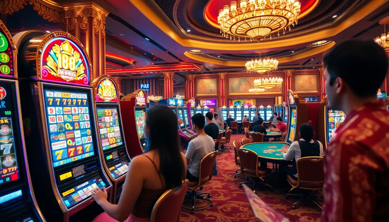 Experience the thrill of j88 nổ hũ with players enjoying slot machines in a vibrant casino.
