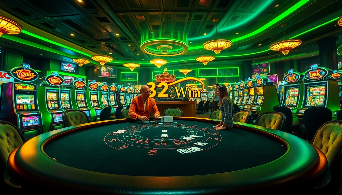 Experience the thrill of gambling at '32 Win' Casino, featuring lively blackjack tables and stunning slot machines.