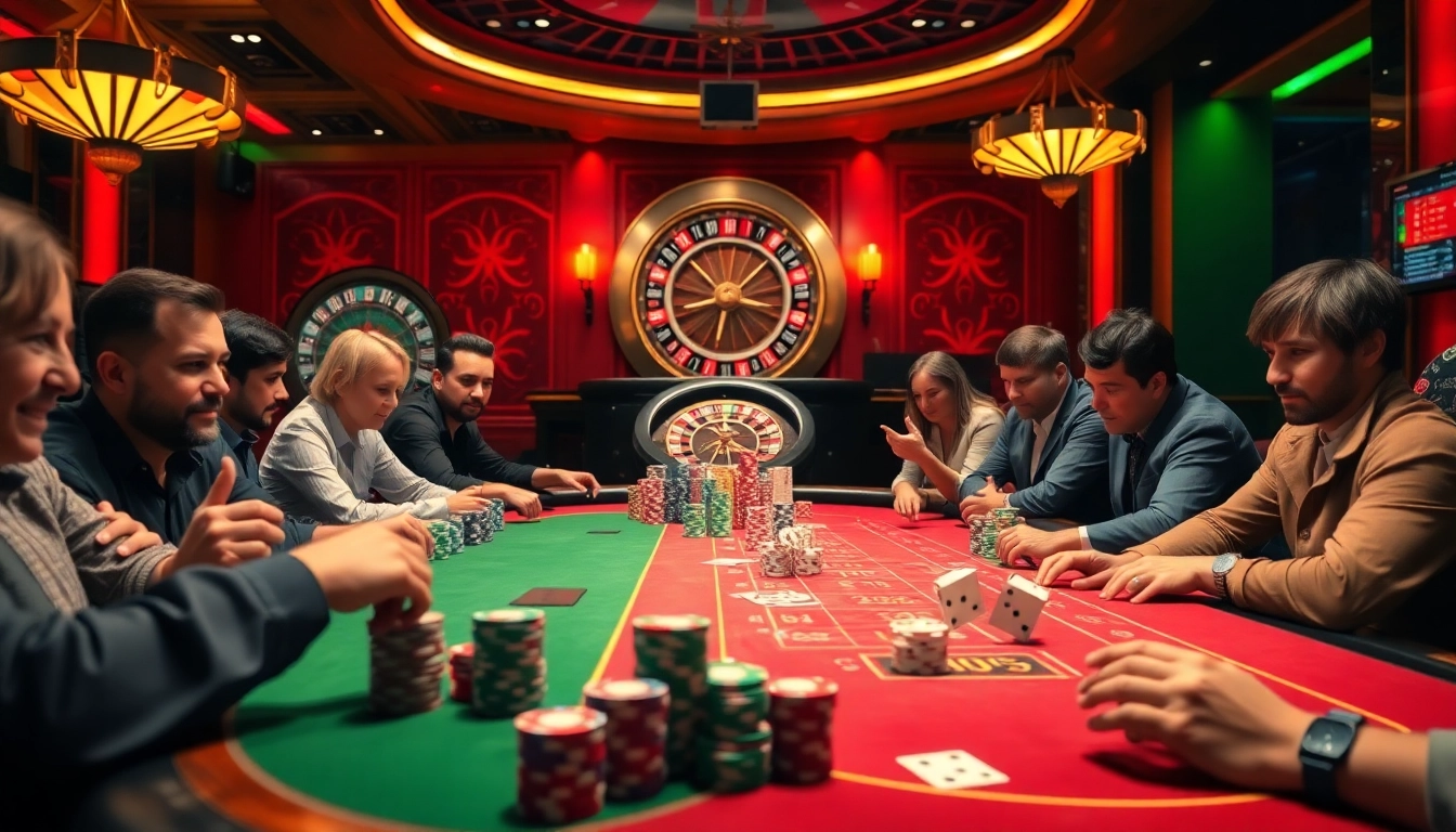 The excitement of 68 game bài đổi thưởng captured in a lively casino atmosphere with poker players and vibrant chips.
