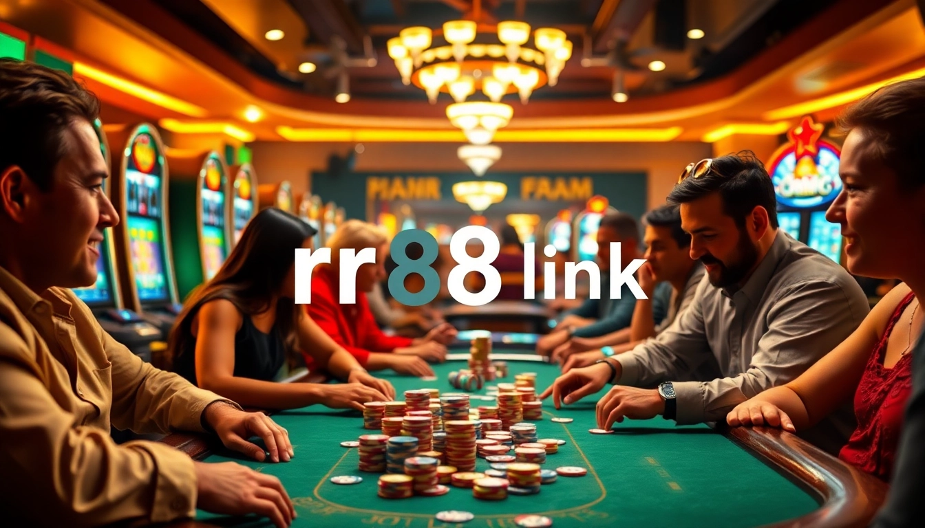 Players engaging at a poker table with vibrant rr88 link branding highlighted, showcasing excitement in a casino atmosphere.