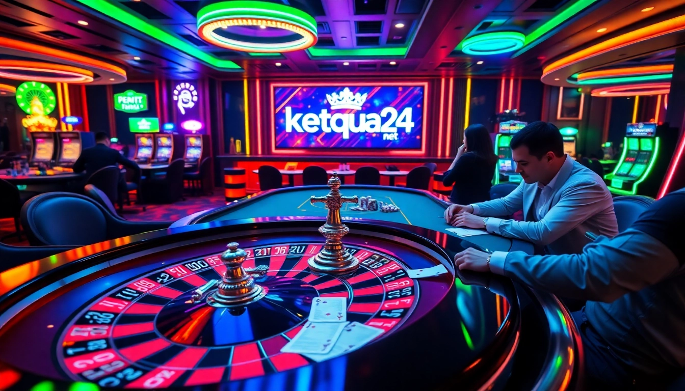 Experience thrilling casino action with ketqua24.net at a high-stakes poker game featuring vibrant roulette tables.