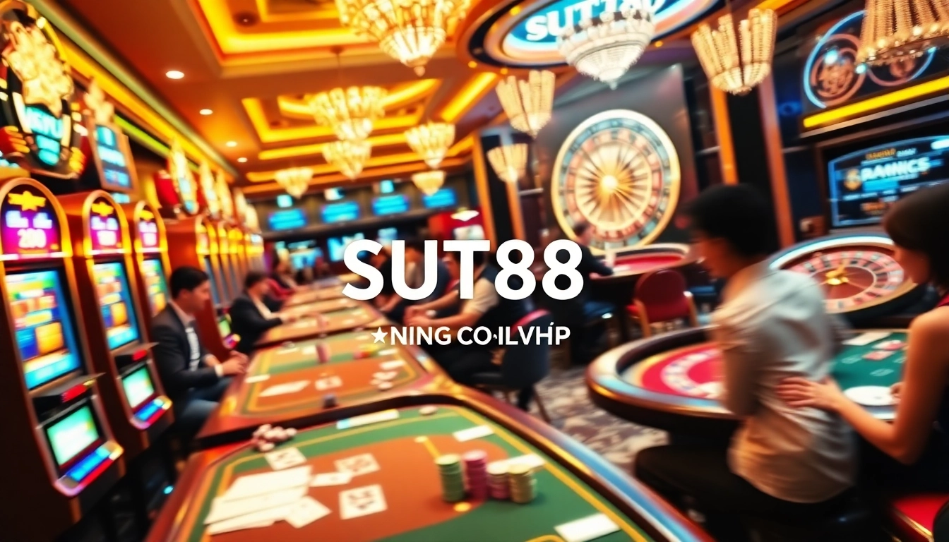 SUT88 ĐĂNG NHẬP at a vibrant casino showcasing players engaged in poker and roulette.