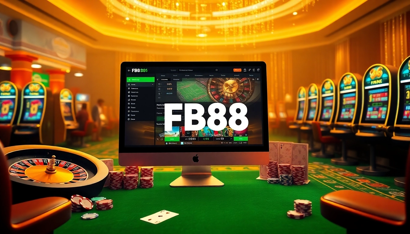 FB88 online casino scene showcasing a vibrant roulette wheel and poker chips, igniting excitement in gambling.