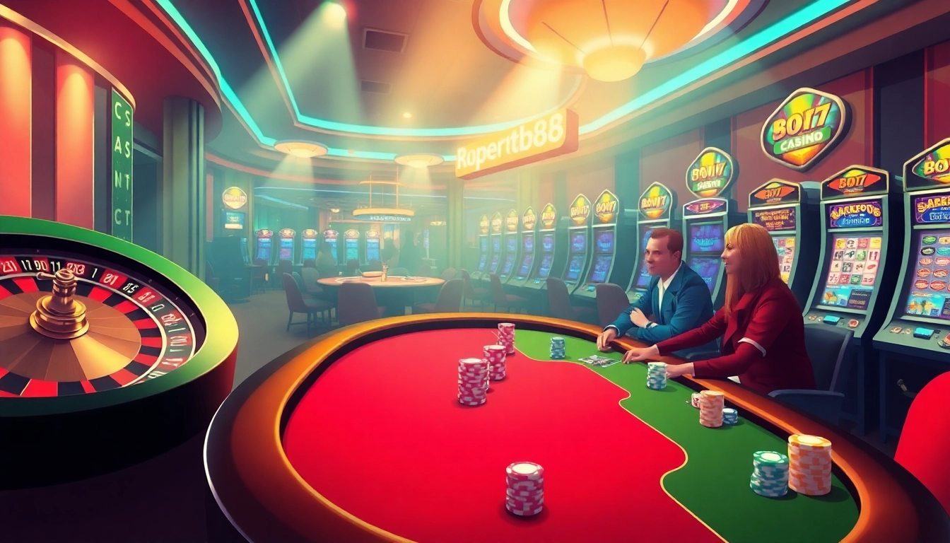 Experience thrilling gameplay at Supertkb88 with vibrant casino tables, excited players, and captivating slot machines.