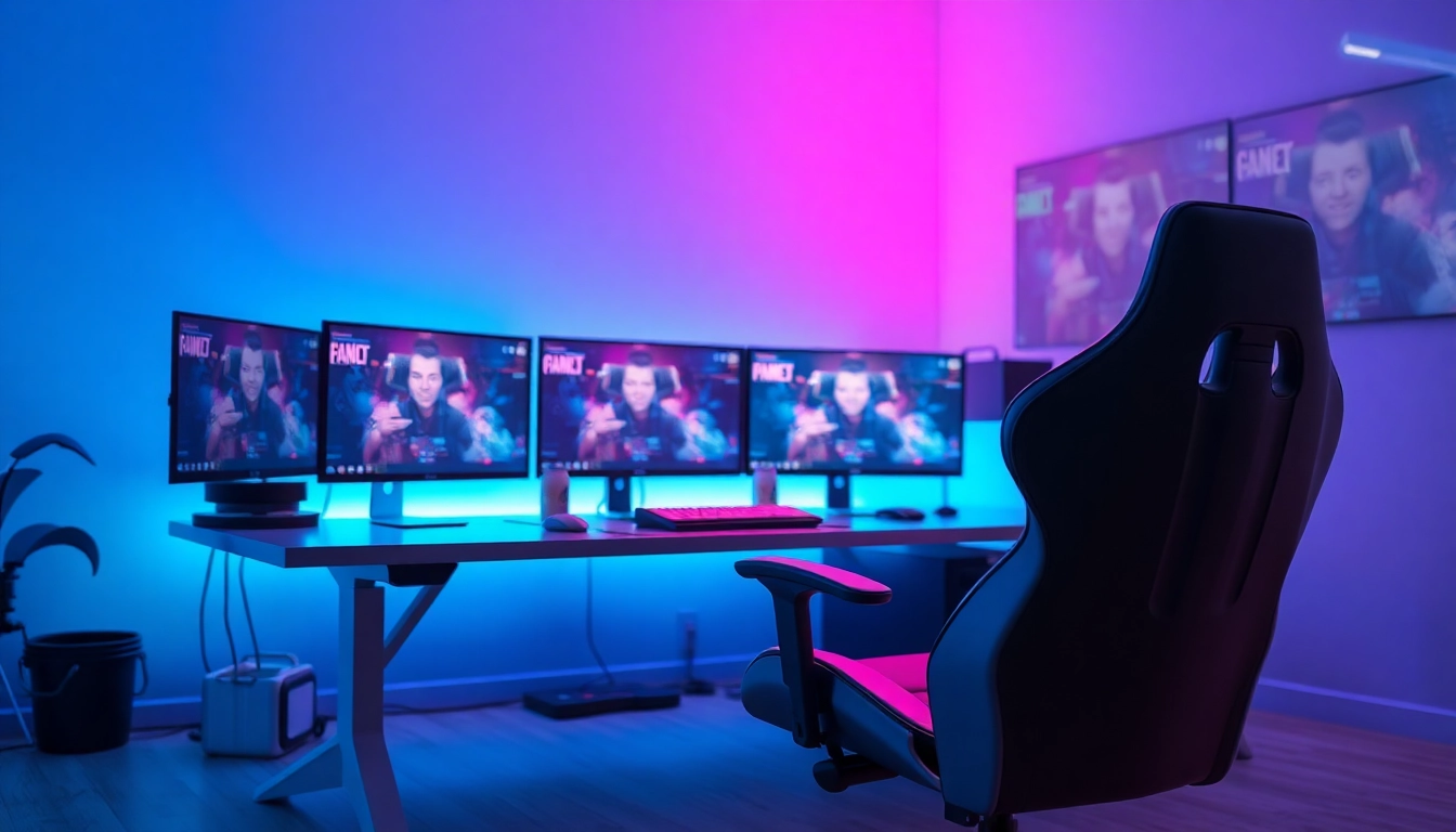 Experience immersive game online featuring an engaging gaming setup with vibrant LEDs and multiple screens.
